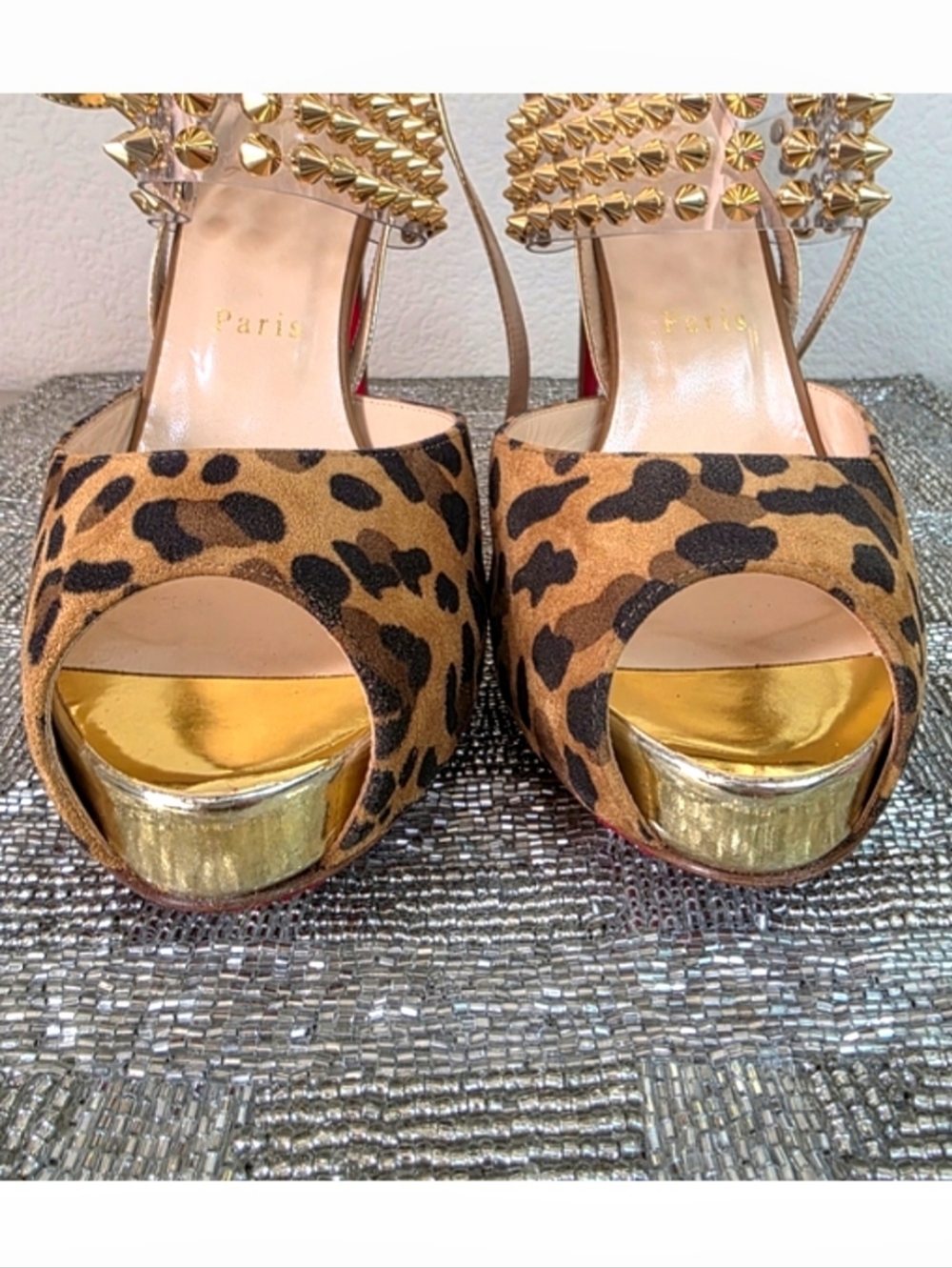 Christian Louboutin Levitagirl 120 Gold Spiked Leather Suede Leopard Heels EU39 - Picture 9 of 16